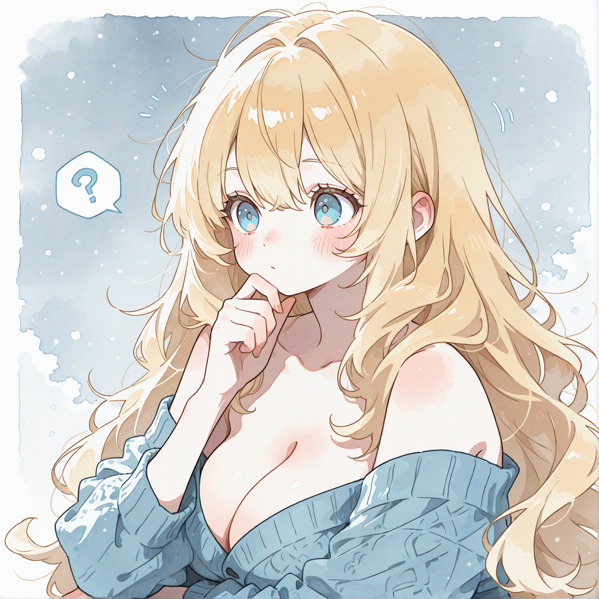 Anime-style blonde woman in a blue sweater with a question mark