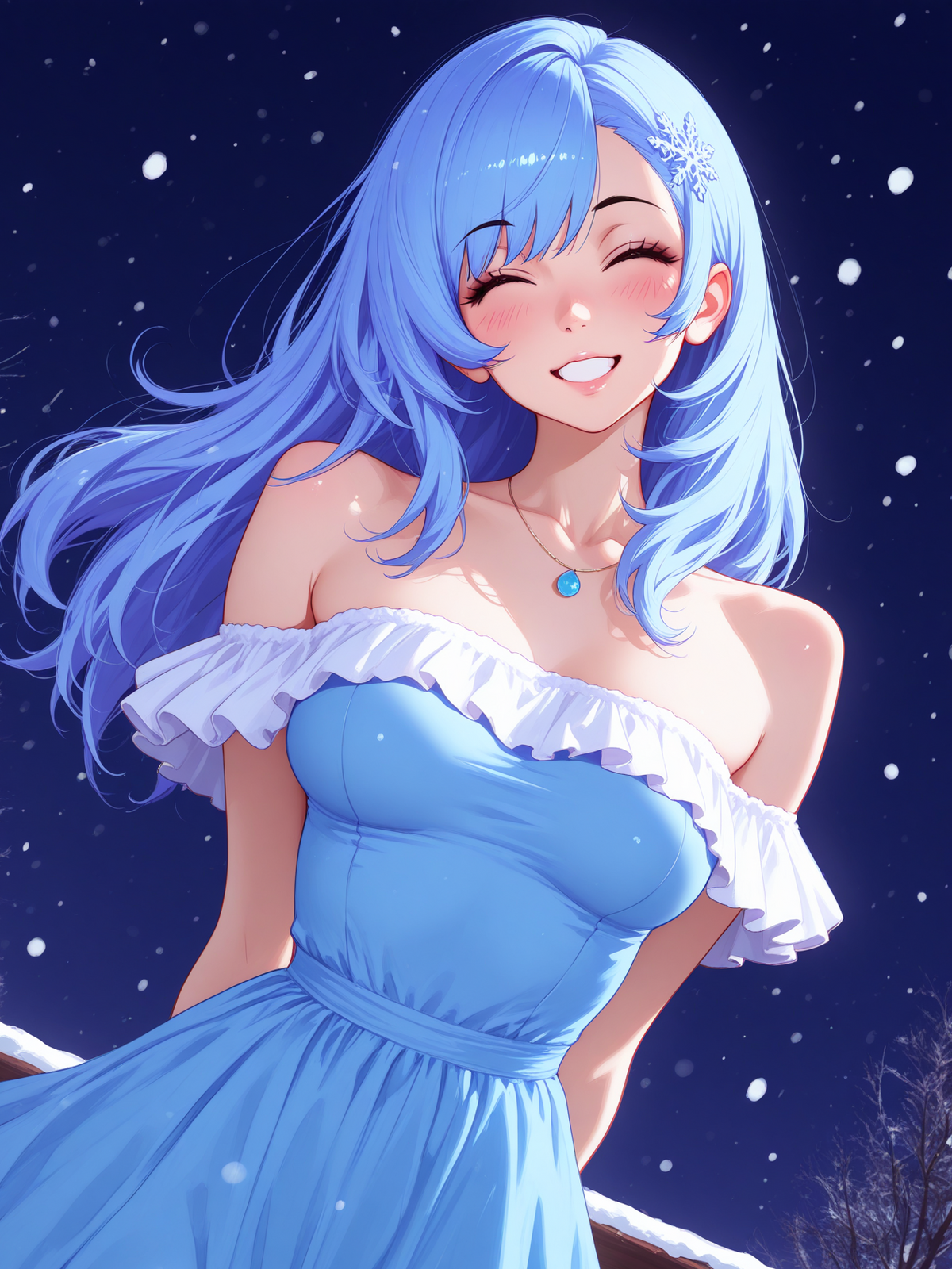 Smiling blue-haired winter princess in a light blue dress on a snowy evening